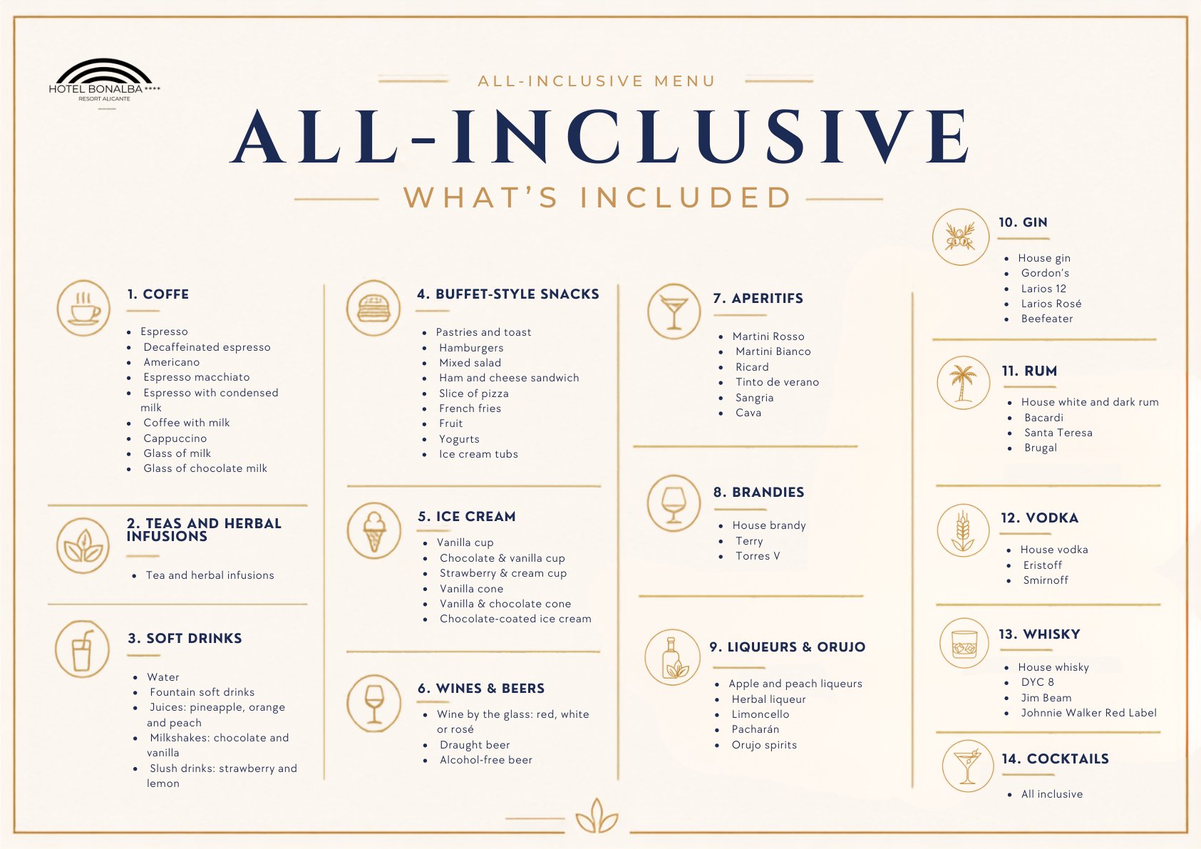 All-Inclusive menu at Hotel Bonalba: snacks, drinks and cocktails included