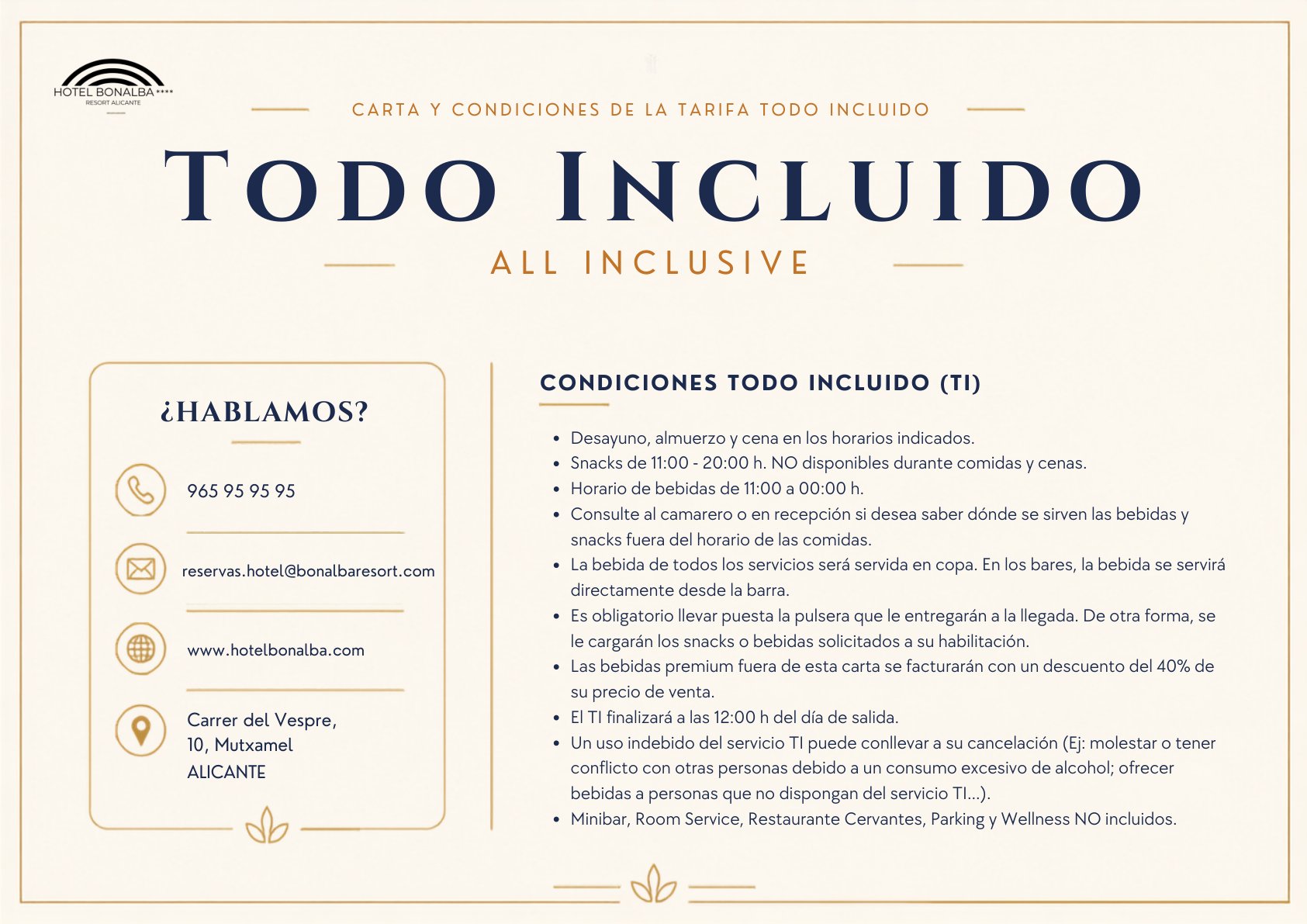 Condiciones de la tarifa Todo Incluido del Hotel Bonalba