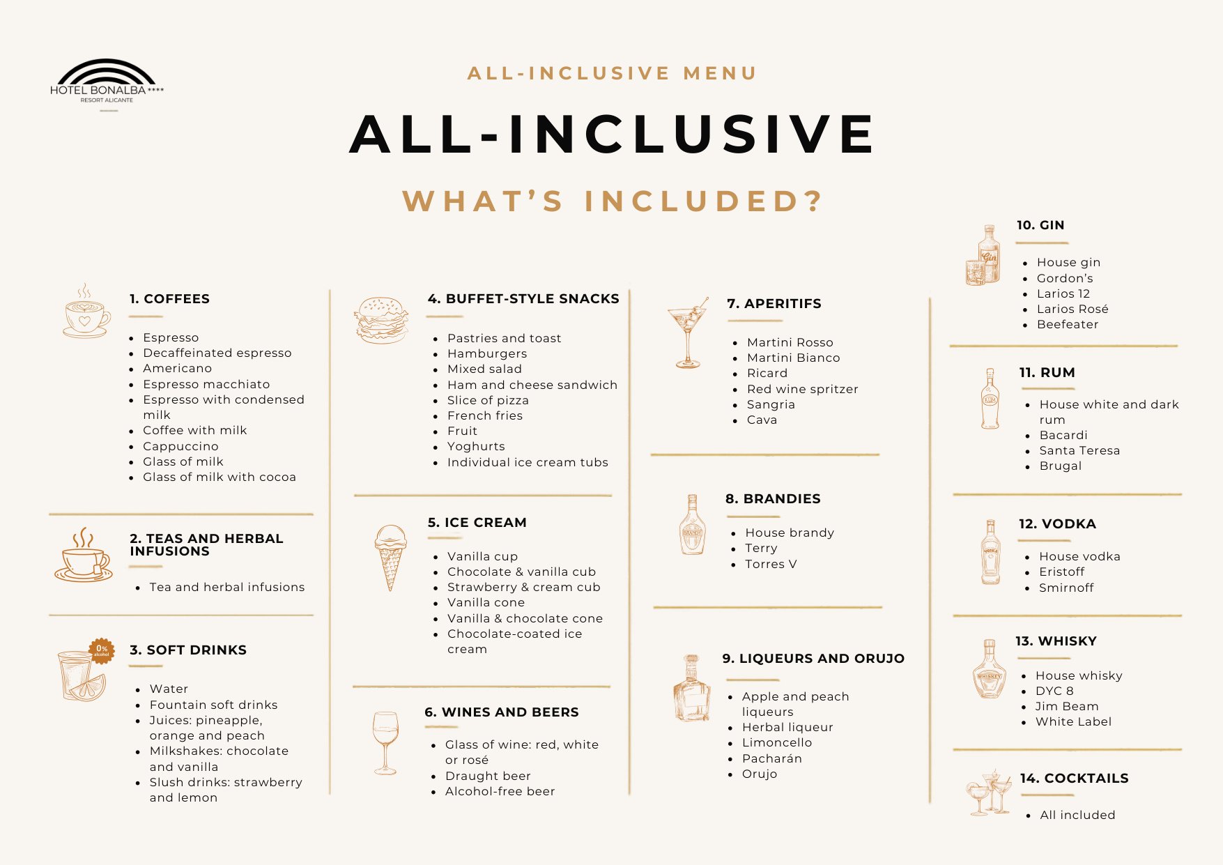 All-Inclusive menu at Hotel Bonalba: snacks, drinks and cocktails included