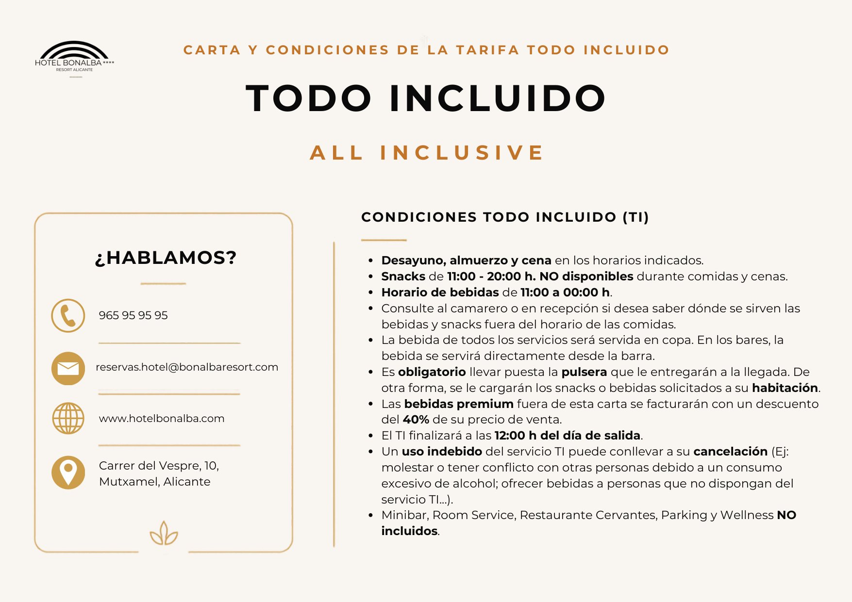 Condiciones de la tarifa Todo Incluido del Hotel Bonalba