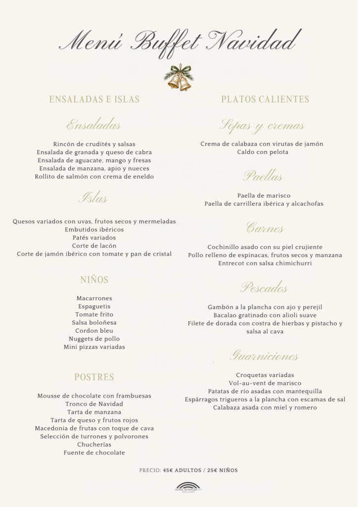 Carta del Men&uacute; Buffet de Navidad 2026 del Hotel Bonalba: ensaladas, islas, paellas, carnes, pescados, rinc&oacute;n infantil y postres