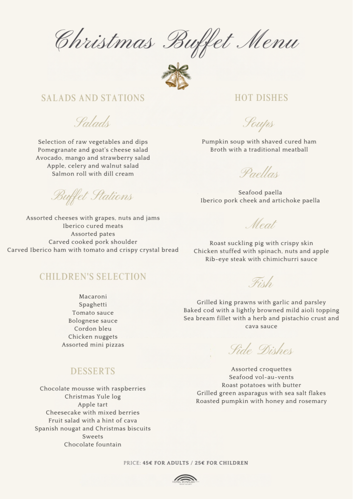 Hotel Bonalba Christmas Day 2026 buffet menu: salads, buffet stations, paellas, meat, fish, children&rsquo;s selection and desserts