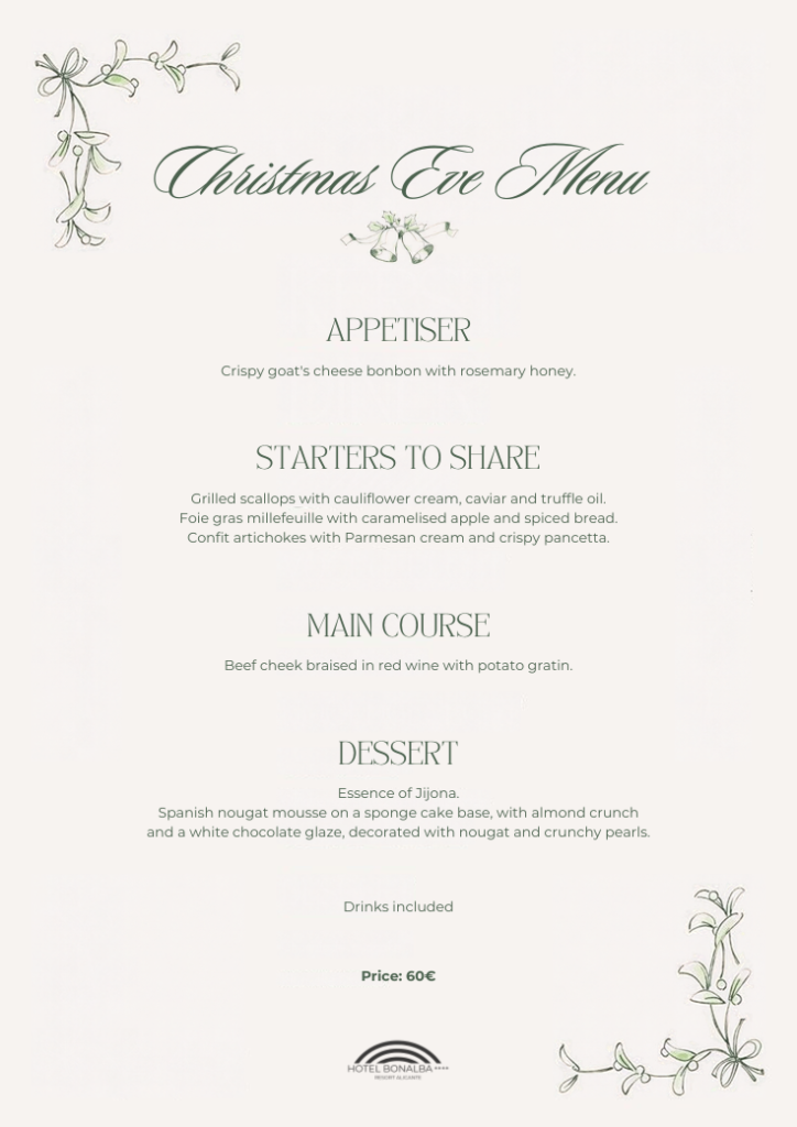 Hotel Bonalba Christmas Eve 2026 menu: appetiser, starters to share, braised beef cheek and nougat mousse