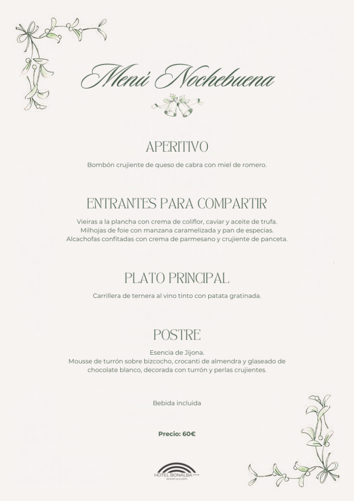 Carta del Men&uacute; de Nochebuena 2026 del Hotel Bonalba: aperitivo, entrantes para compartir, carrillera de ternera y postre de turr&oacute;n