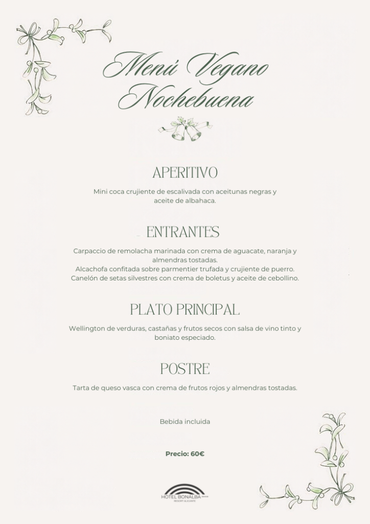 Carta del Men&uacute; Vegano de Nochebuena 2026 del Hotel Bonalba