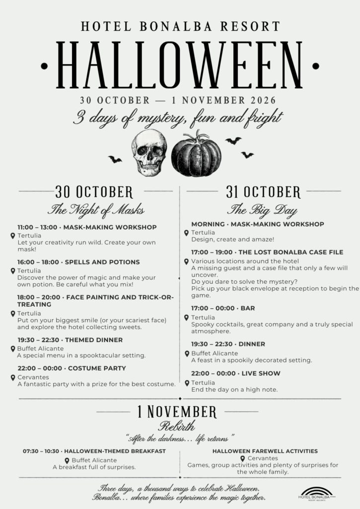Halloween 2026 schedule at Hotel Bonalba, 30 October to 1 November