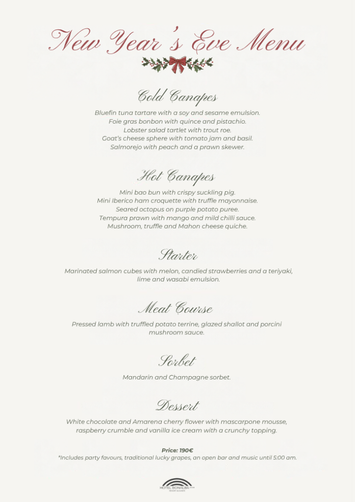 Hotel Bonalba New Year&rsquo;s Eve 2026 menu: canap&eacute;s, starter, lamb, sorbet and dessert