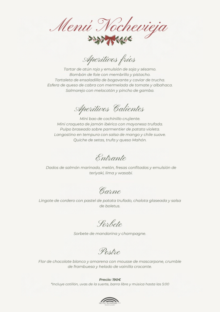 Carta del Men&uacute; de Nochevieja 2026 del Hotel Bonalba: aperitivos, entrante, cordero, sorbete y postre