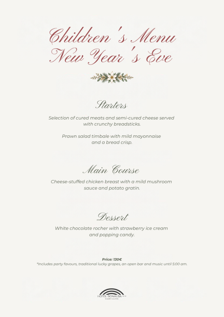 Hotel Bonalba New Year&rsquo;s Eve 2026 children&rsquo;s menu: starters, stuffed chicken and dessert