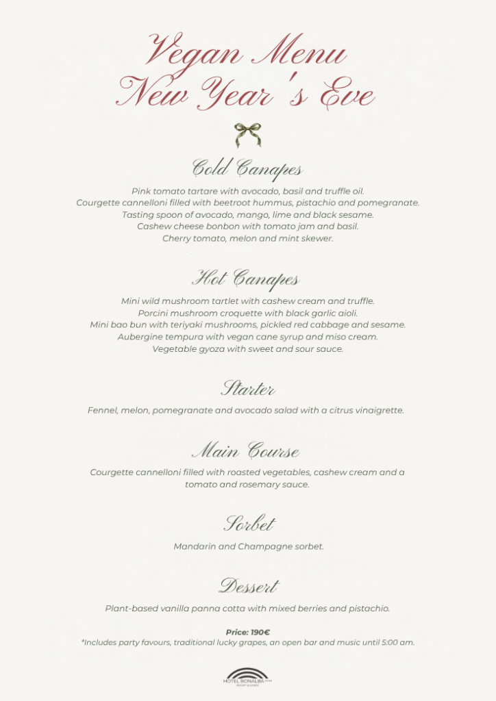 Hotel Bonalba New Year&rsquo;s Eve 2026 vegan menu, fully plant-based