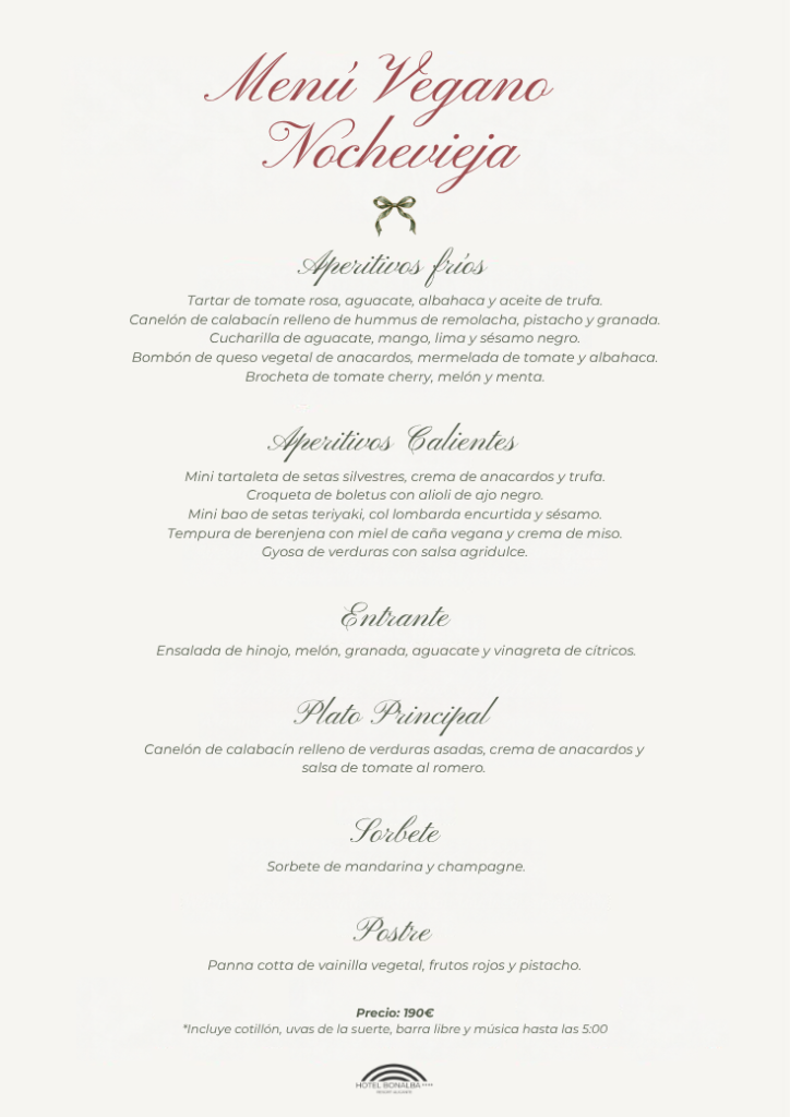 Carta del Men&uacute; Vegano de Nochevieja 2026 del Hotel Bonalba, cien por cien vegetal